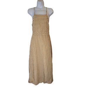 Zara Brown Plaid Linen Blend Midi Tie Back Open Back Dress, L